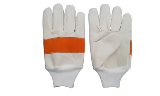 GUANTE EN LONA PUÑO ELÁSTICO TIPO PETROLERO  COLOR BEIGE CON TIRA DE REFUERZO COLOR NARANJA